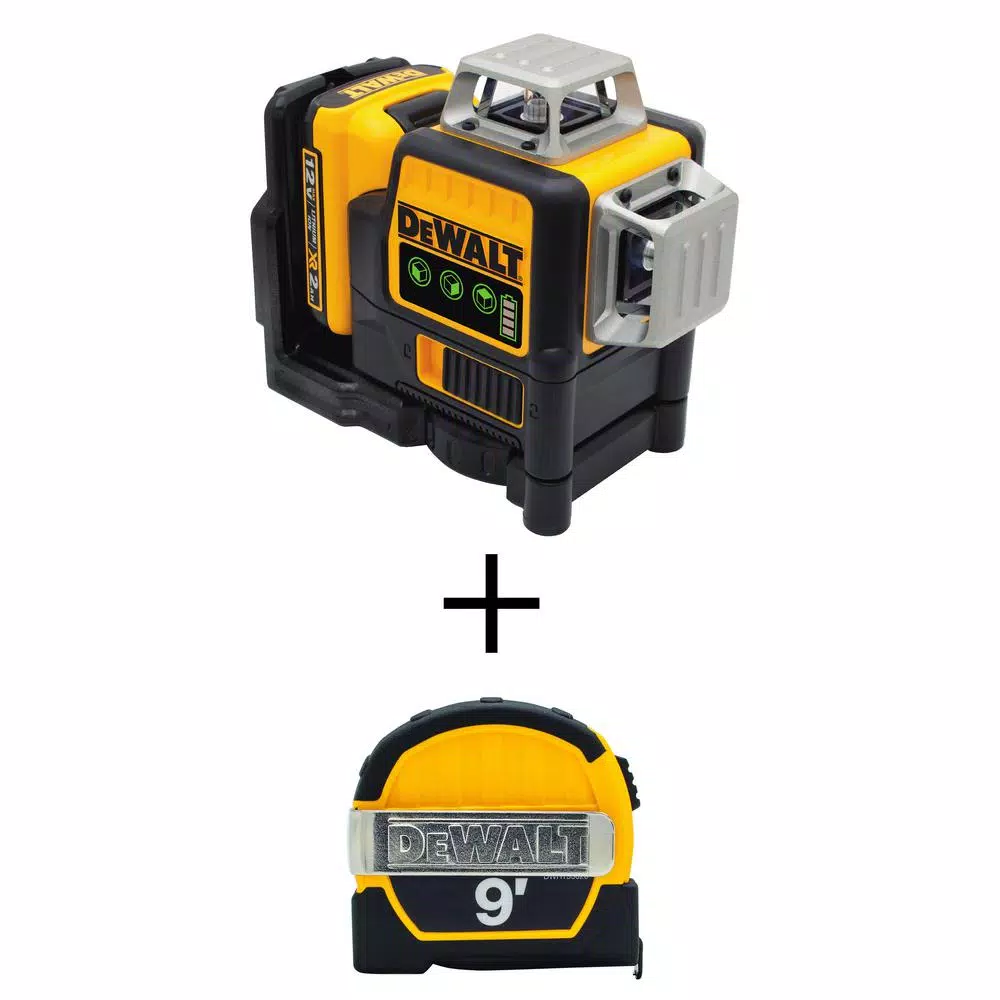Hot Sale 🎉 DEWALT 12-Volt MAX Li-Ion 100 Ft. Green Self-Leveling 3-Beam 360-Degree Laser Level With Bonus 9 Ft. X 1/2 In. Tape Measure 🧨